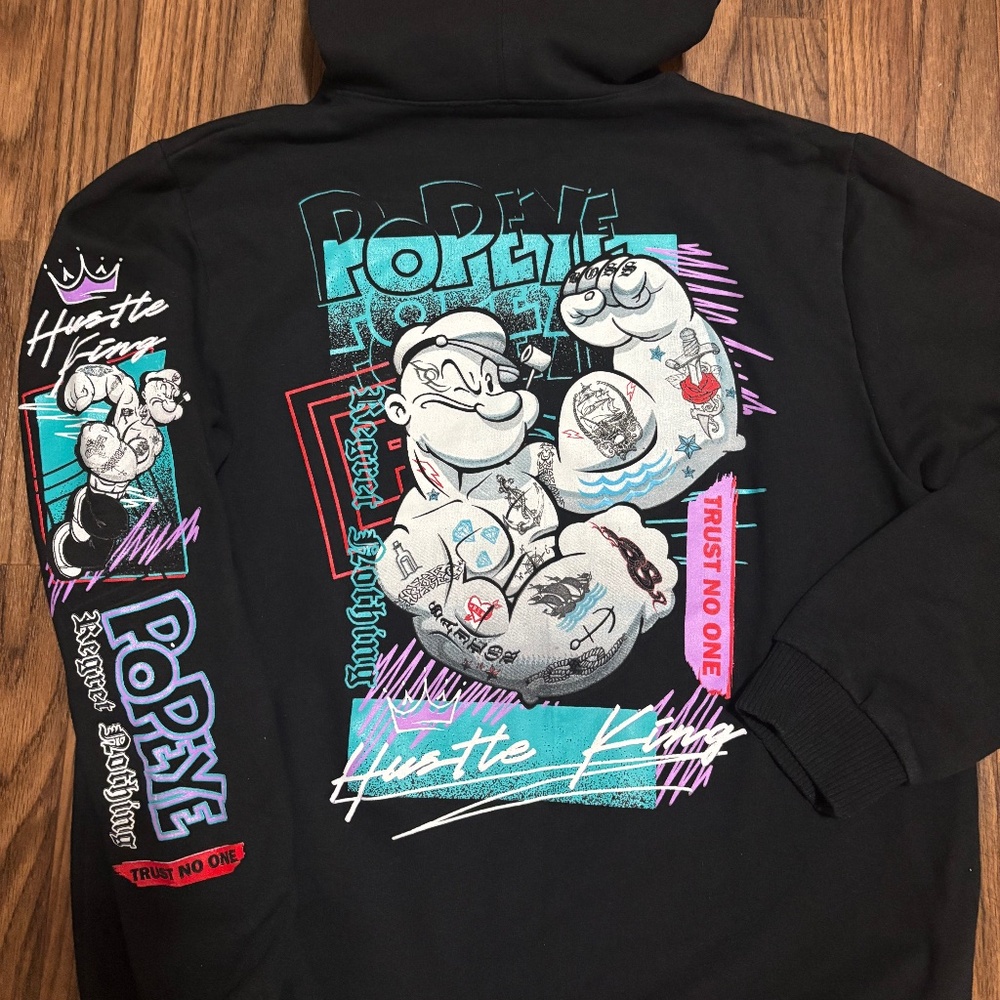 Popeyes The Hustle King *Pullover Sweatshirt Hoodie * Front back and arm Prints